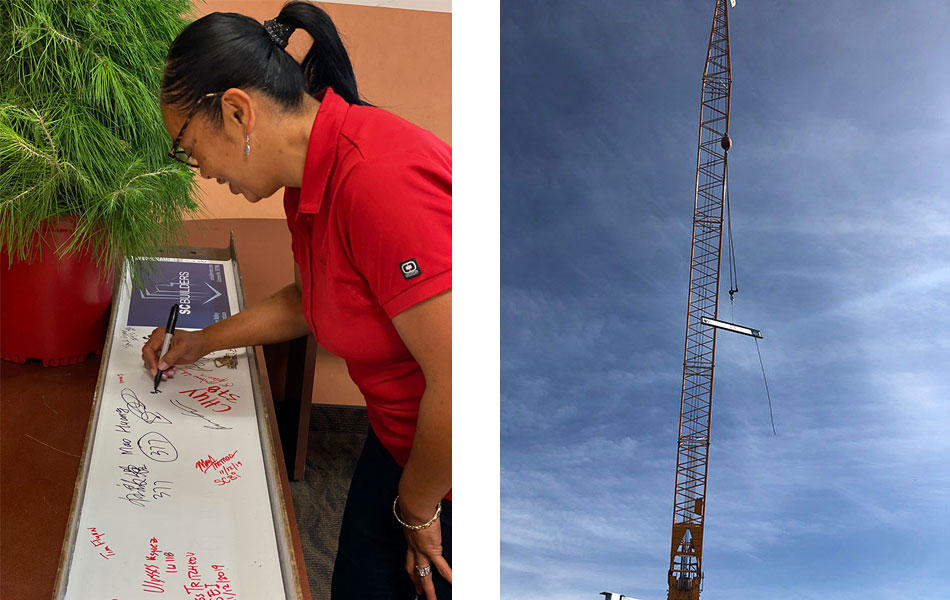 BDG Topping off - Bev signing and crane carrying the beam up